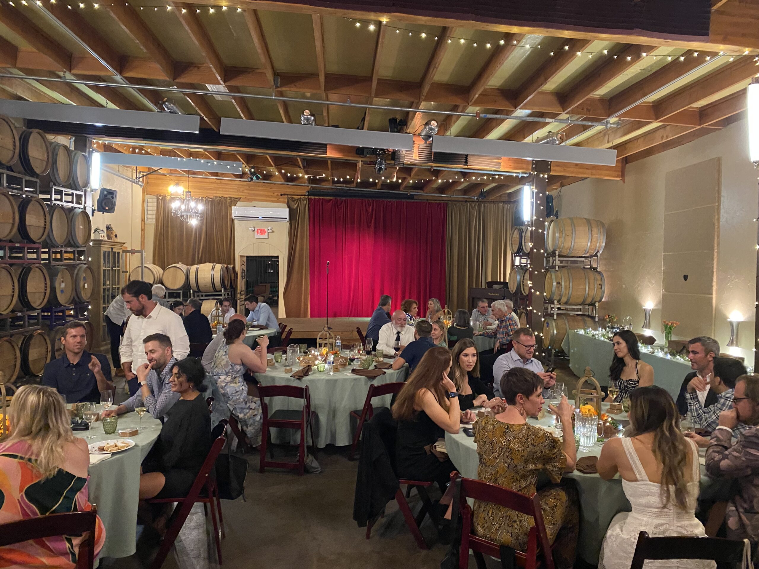 Trek Barrel Room set up with a scaled stage for live performances in Downtown Novato