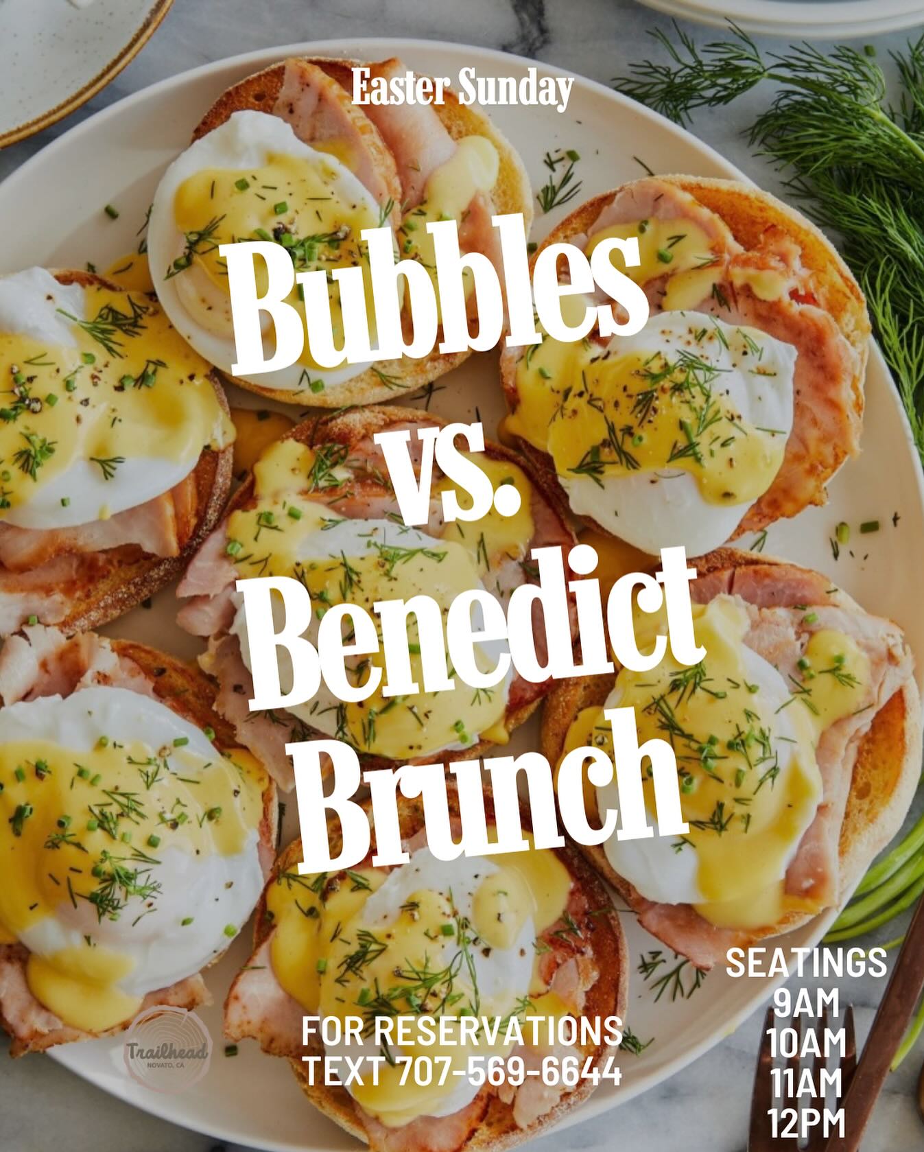 Bubbles vs Benedict Brunch plated at table for Trailhead in Novato Easter Sunday brunch event.