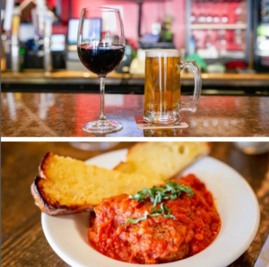 Red Boy Pizza wine and beer with toast and tomato sauce