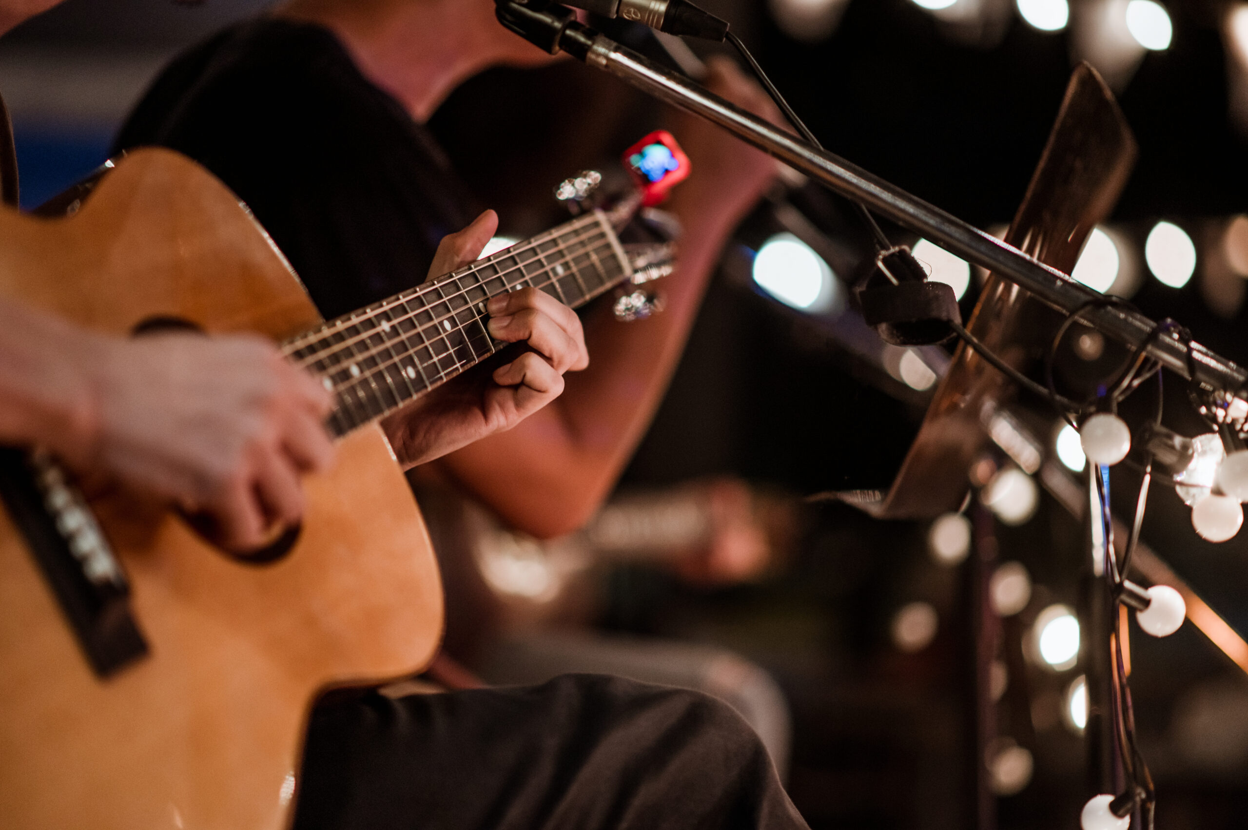 The musician plays and the lead singer sings on stage at the music festival at night.Concert,mini concert and music festivals.